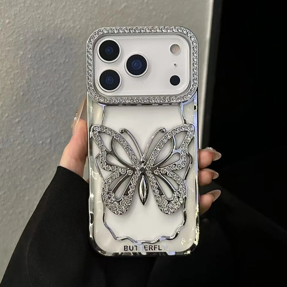 Plating Butterfly Hollow Glitter Diamond Case For iPhone 17 16 15 14 13 Pro Max Plus Bling Sparkling Rhinestone Shockproof Cover