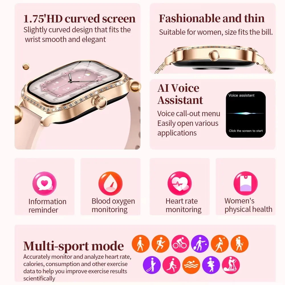 2025 Fashion Smart Watch Women AMOLED Curved Screen IP68 Waterproof Health Call Smartwatch Watch Ladies Fashion Gift