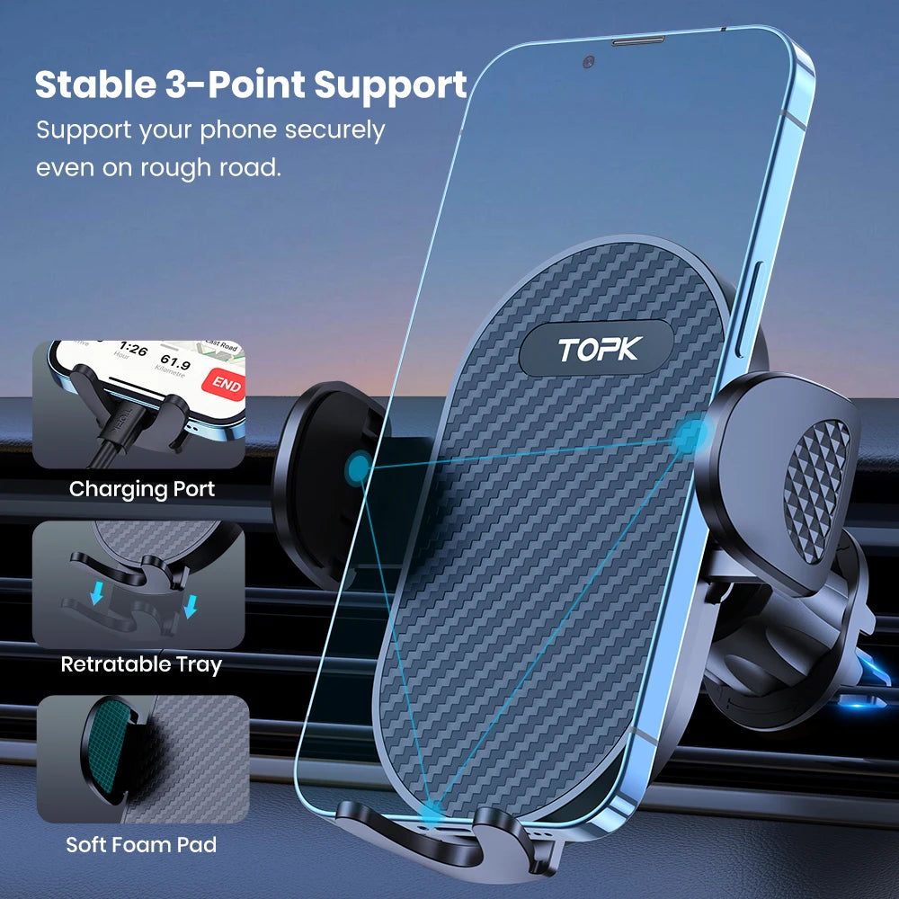 TOPK Car Phone Holder Mount,[Upgraded Support Function] Metal Hook Cell Phone Holder For Car Air Vent Compatible With All Phone