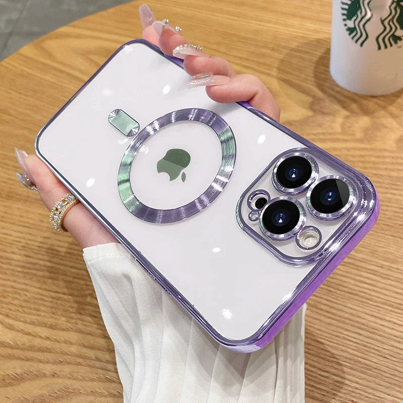 Magnetic Plating Case For iPhone 15 16 14 17 13 12 11 Pro Max Air Camera Lens Protector Glass For Magsafe Wireless Charger Cover
