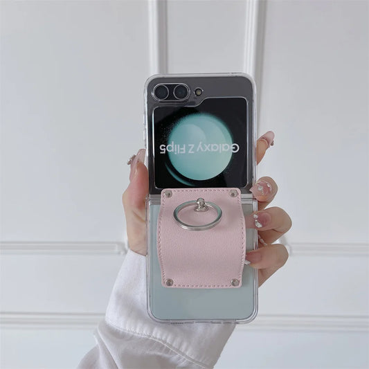 Fashion Ring Case for Samsung Galaxy Z Flip 6 5 5G 2024 New Fold Simple PC+Leather Cover Anti-knock Cases for Flip6 Flip5 Flip 5