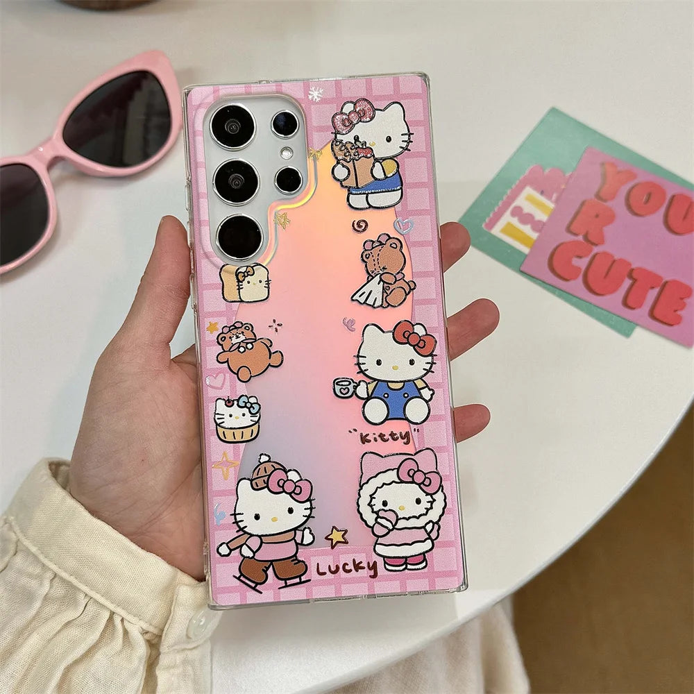 Laser Glitter Hello Kitty Phone Case For Samsung S25 S24 Ultra S23 FE S22 Plus A55 A54 A53 A52 A34 A25 A24 A15 A05 A05S 5G Cover