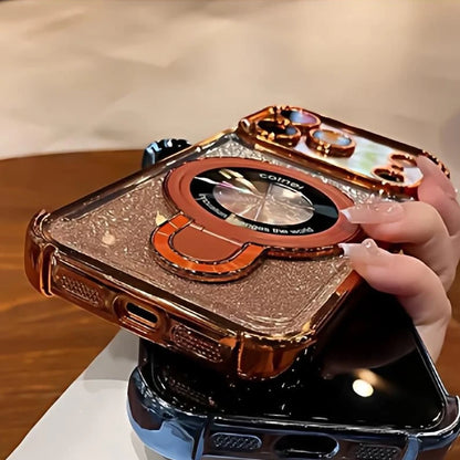Plating for Magsafe Glitter Bracket Case for iPhone 17 16 15 Pro Max 14 Plus Air 11 12 13 Gradient Stand Airbag Shockproof Cover