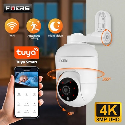 FUERS 4K 8MP WiFi IP Camera With Adjustable Bracket Tuya Smart Home Security Wireless Surveillance Camera Baby Monitor Mini Cam