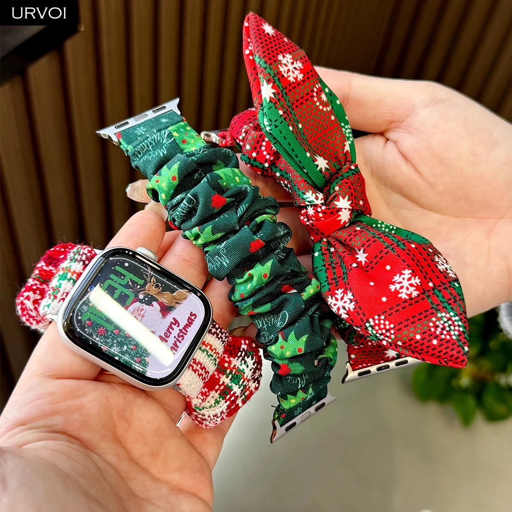 URVOI Band for Apple Watch Series 11 10 9 8 7 SE 3 Nylon loop Elastic Hairband Strap for iWatch Xmas gift red Christmas bowknot