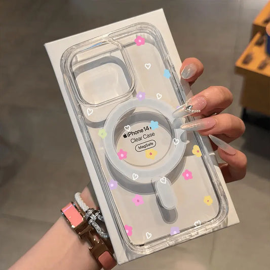 Small Flower Heart Graphic Magsafe Wireless Charger Phone Case For iPhone 16 15 14 13 12 11 16E Pro Max 7 8 Plus XS XR X Cover