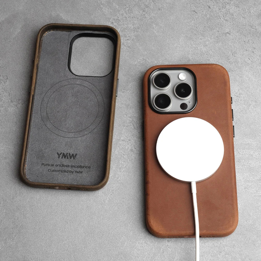 YMW Scratc Crazy Horse Genuine Leather Case for iPhone 16 15 Pro Max Plus 14 13 mini Magnetic PULL-UP Cowhide Phone Cover