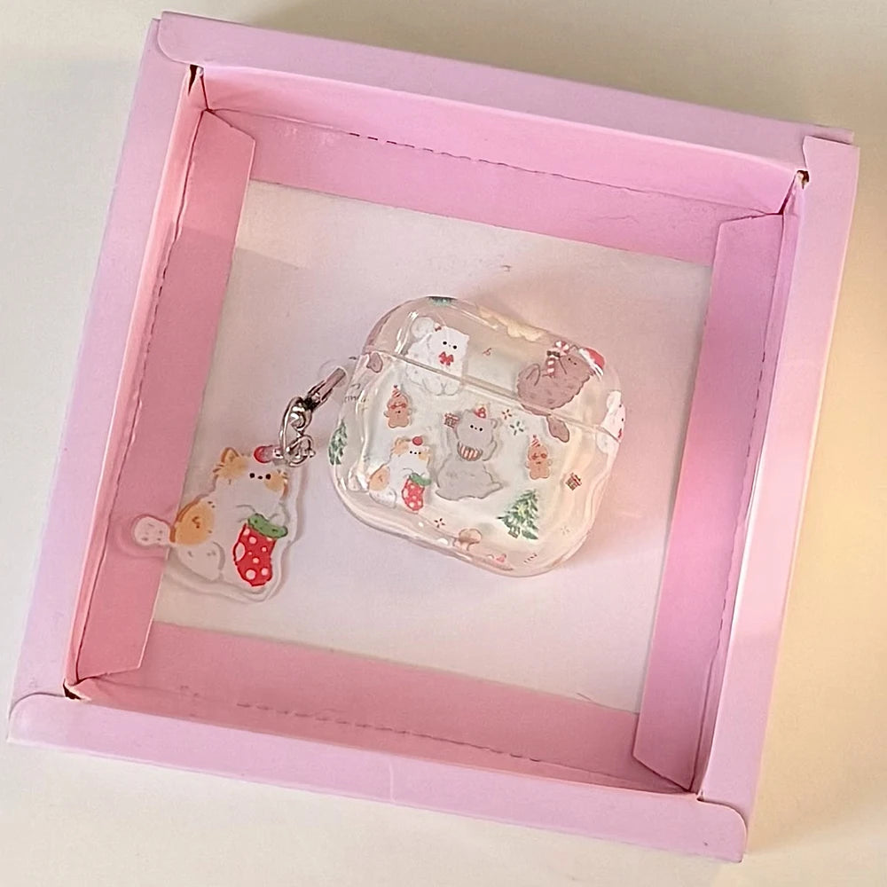 Christmas Earphone Case for Apple Airpods Pro3 Cute Cat Wavy Shell for Airpods 4 2 3 Pro Pro2 Pendant Wireless Bluetooth Headset