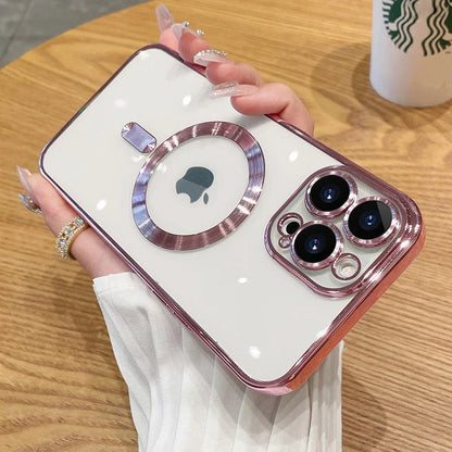 Magnetic Plating Case For iPhone 15 16 14 17 13 12 11 Pro Max Air Camera Lens Protector Glass For Magsafe Wireless Charger Cover