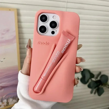 Fashion Lip Gloss Portable Silicone Shockproof Phone Case with Lipstick Suitable for IPhone 11 12 13 14 15 16 17 Pro Max Plus