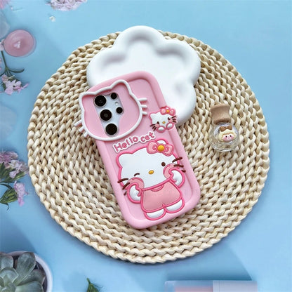 Cute 3D Cartoon Hello Kitty Silicone Phone Case For Samsung Galaxy S25 Ultra S24 Ultra S23 S21 Ultra FE Soft Cover