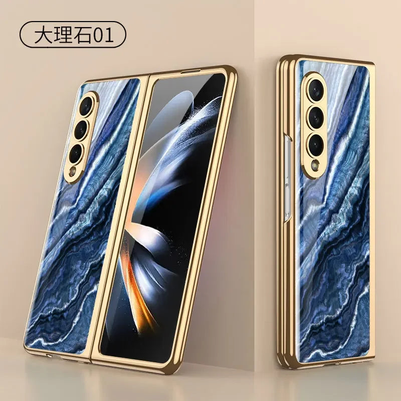 Luxury Plating Frame Case For Samsung Galaxy Z Fold 4 5G Painted Pattern Tempered Glass Hard Cover For Galaxy Z Fold5 4 3 Case
