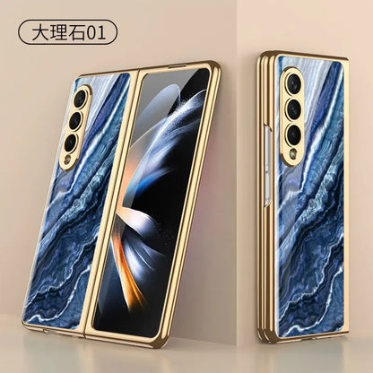 Luxury Plating Frame Case For Samsung Galaxy Z Fold 4 5G Painted Pattern Tempered Glass Hard Cover For Galaxy Z Fold5 4 3 Case