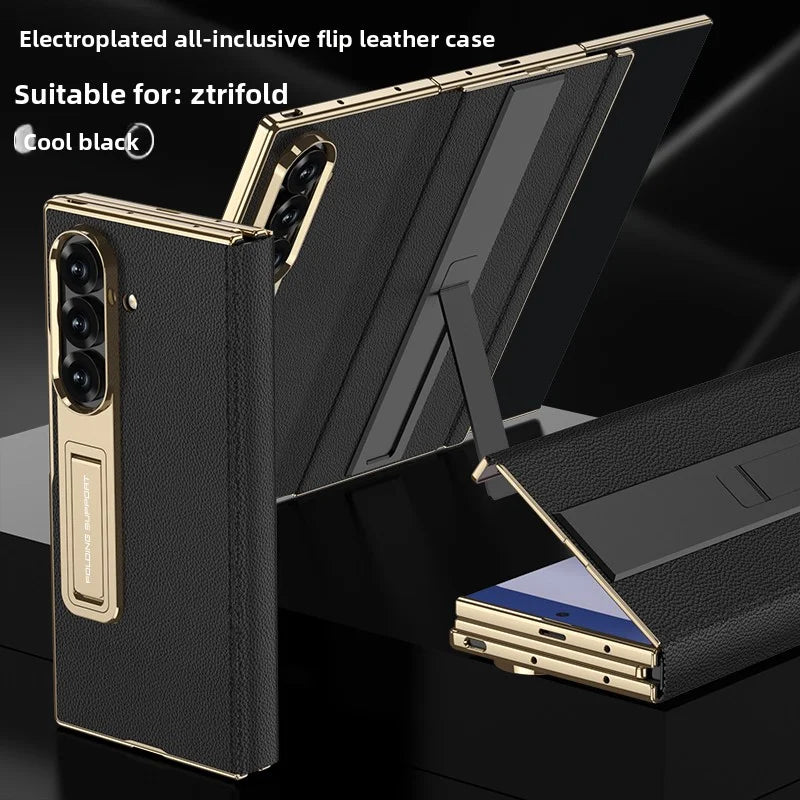 For Samsung Galaxy Z TriFold Case Luxury PU Leather Bracket Stand Glass Film Protective Back Cover For Z TriFold Phone Shell