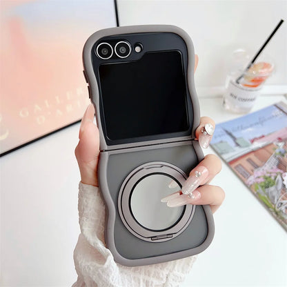 Matte Wave Magnetic Stand Phone Case For Samsung Z Flip 7 6 5 4 3 flip6 zflip6 flip5 Luxury Rotation Fold Bracket Frosted Cover