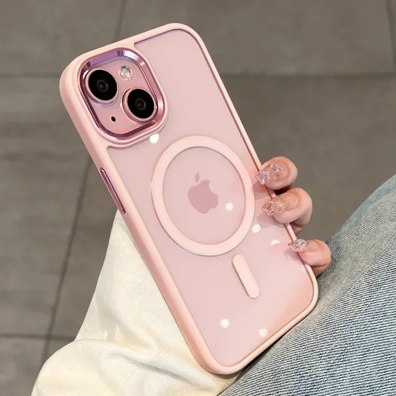 Shockproof Magnetic Wireless Charge Phone Case For iPhone 16 15 14 13 12 11 Pro Max 15 Plus Luxury Magsafe Hard Back pink Cover