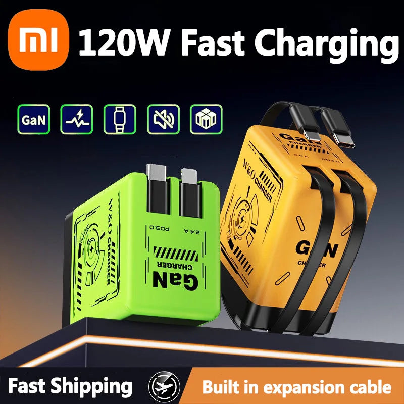 Xiaomi GaN120W Ultra Fast Charger With Retractable Type-C Lightning Cable Fast Charging Adapter For iPhone16 iPad Samsung Huawei