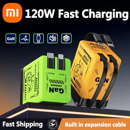Xiaomi GaN120W Ultra Fast Charger With Retractable Type-C Lightning Cable Fast Charging Adapter For iPhone16 iPad Samsung Huawei