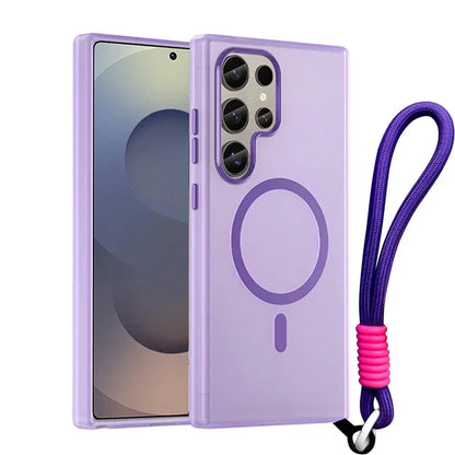 For Magsafe Matte Candy Wrist Strap Phone Cases For Samsung Galaxy S24 S25 Ultra Plus S24 FE Lanyard Magnetic Shockproof Cover