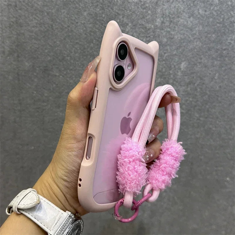3D Cat Ear Cute Lanyard Magnetic Transparent Case For iPhone 16 15 14 13 12 ProMax Plus 11 Wristband Clear Magsafe Cover
