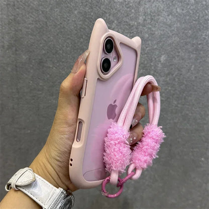 3D Cat Ear Cute Lanyard Magnetic Transparent Case For iPhone 16 15 14 13 12 ProMax Plus 11 Wristband Clear Magsafe Cover
