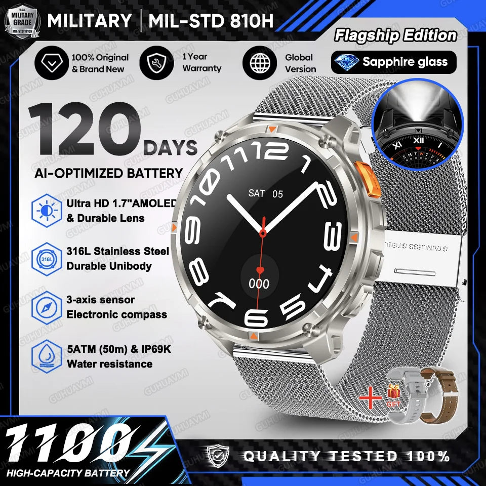 2026 New T-Rex 3 Ultra 1100mAh Military Smart Watch Men 5ATM Waterproof 1.7" AMOLED Screen Bluetooth Call Compass LED Flashlight