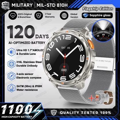 2026 New T-Rex 3 Ultra 1100mAh Military Smart Watch Men 5ATM Waterproof 1.7" AMOLED Screen Bluetooth Call Compass LED Flashlight