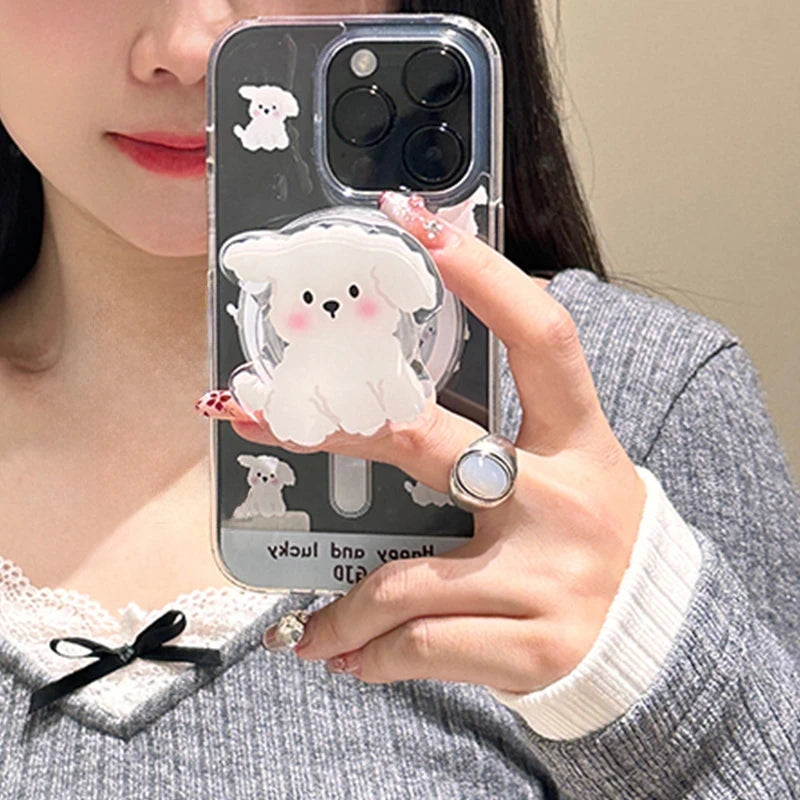 Korea Cute White Dog For Magsafe Magnetic Phone Grip Tok Griptok Stand For iPhone 15 Foldable Wireless Charging Case Holder Ring