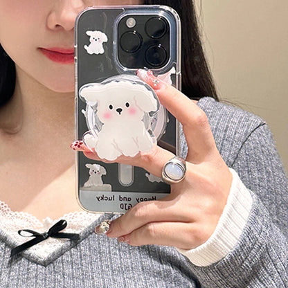 Korea Cute White Dog For Magsafe Magnetic Phone Grip Tok Griptok Stand For iPhone 15 Foldable Wireless Charging Case Holder Ring