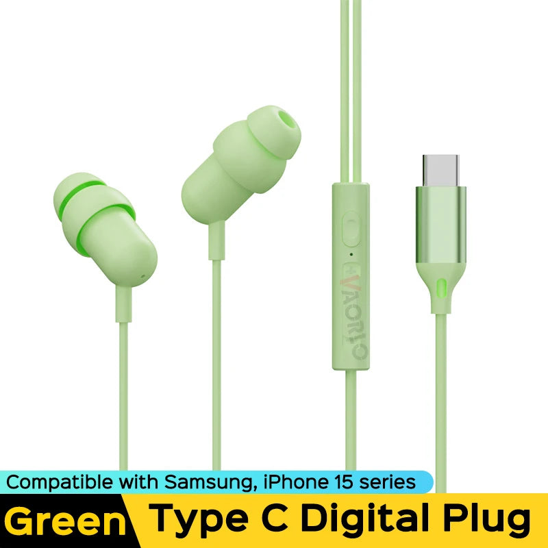 VAORLO 3.5MM AUX /Type C Digital Chip Wired Sleeping Earphones With Microphone Wire Control In Ear Headset For Samsung iPhone 15