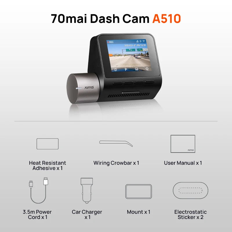 70mai Dash Cam A510 1944P HDR GPS ADAS 4G Connectivity 70mai 4G Front Cam A510 Car DVR 24H Parking Support Rear Cam