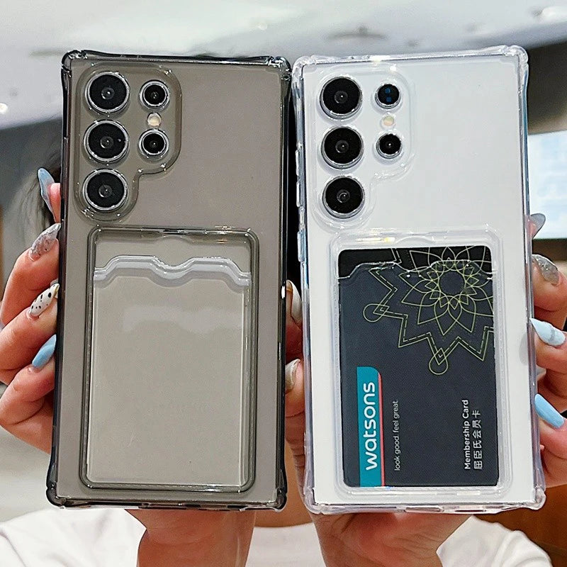 Luxury Card Pocket Silicone Soft Case For Samsung Galaxy S25 S24 S23 S21 FE S22 Ultra Plus Card Bag Clear Shockproof Fundas
