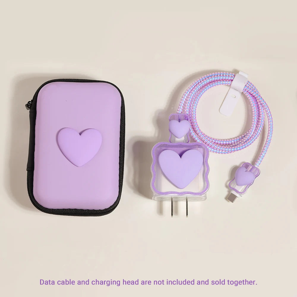 6PCS 3D Love Heart Silicone Charger Cable Protector Case Storage Bag For iPhone 20W 18W Charging Head Protective Cover Organizer