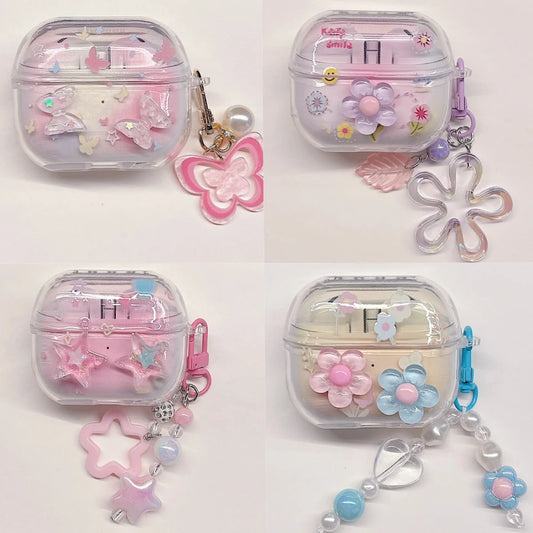 TPU Flower Earphone Case for Samsung Galaxy Buds 3 Pro for  Samsung Galaxy Bugs 3 Earphone Cover with Keychain