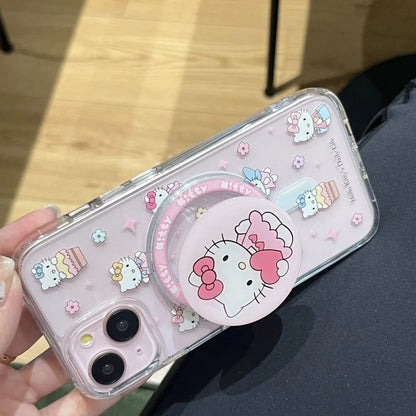 Cute Hello Kitty Magnetic Grip Holder Magsafe Wireless Charge Phone Chain Case For iPhone 16 15 12 Pro Max 14 Plus 13 Mini Cover