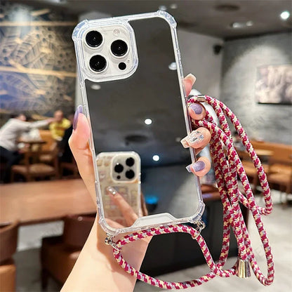 Crossbody Lanyard Mirror Phone Case For iphone 16 15 14 13 12 Mini 11 Pro Max XS XR SE 2 3 8 7 Plus Hard PC Back Cover