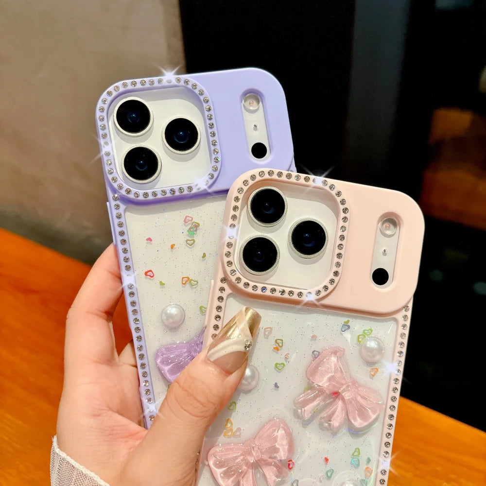 Shiny Diamond 3D Pearl Bow Phone Case For iPhone 17 AIR 16 15 14 13 Pro Max 17pro Plating TPU Epoxy Shockproof Transparent Cover