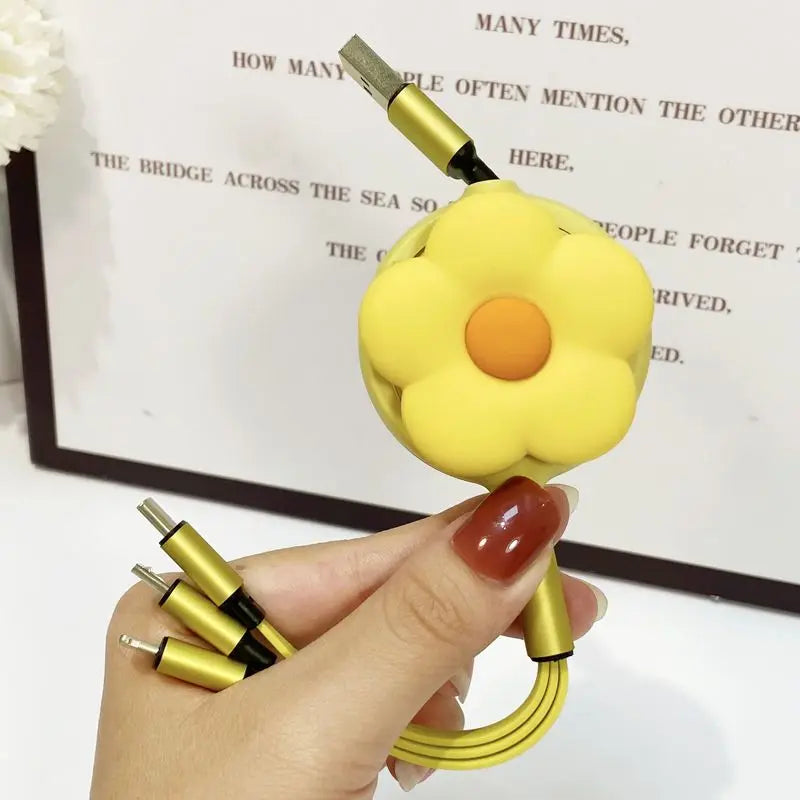 MINISO Cute flowers Retractable Fast Charging Cable Phone Interface For iphone  Android TYPE-C 3-in-1 mobile phone data cable