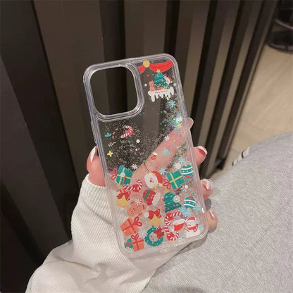 Cute Cartoon Santa Claus Snowman Shake Quicksand 3D Bling Glitter Phone Cover For iPhone 16 14 13 12 11 15Pro Max Christmas Case