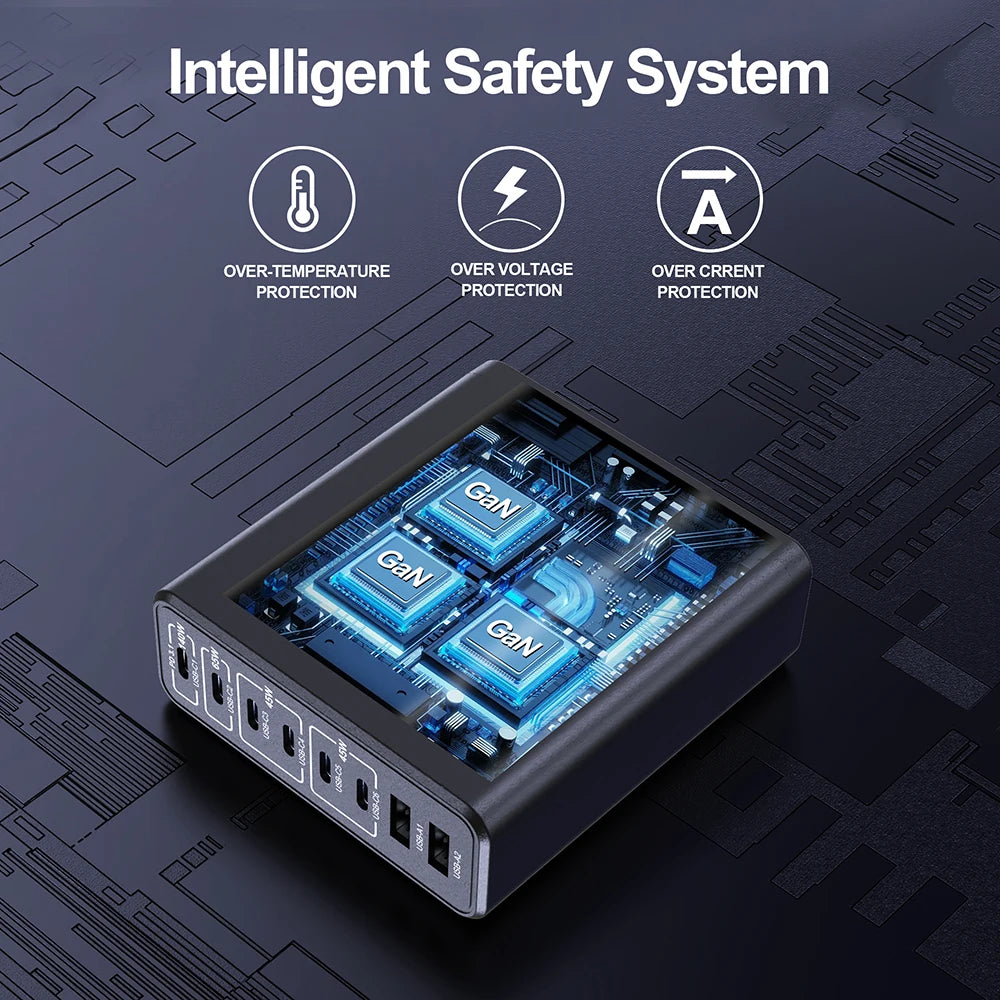 250W GaN USB C Charger Station 8-Ports Fast Charger Type C PD3.1 PD3.0 PPS Quick Charger For Macbook Pro iPad iPhone 16 Samsung