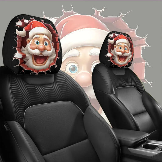 2-piece Christmas gift set, funny and quirky Santa Claus car headrest cover, car interior decoration, anti-oil and anti-stain