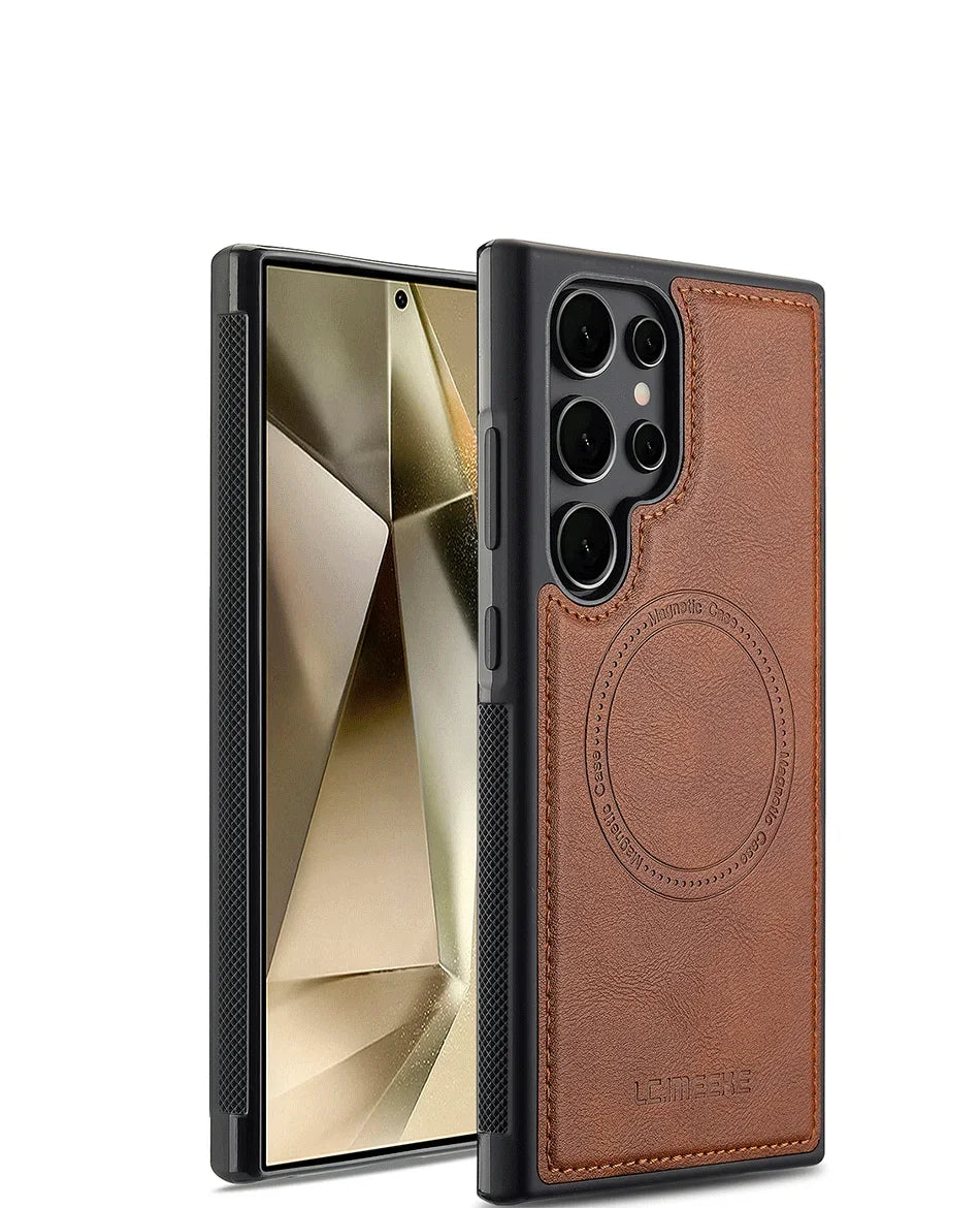 Magnetic MagSafe Pu Leather Phone Case for Samsung Galaxy S25 Edge S24 Ultra S23 FE S22 Plus S21 S20 A17 Wireless Charging Cover