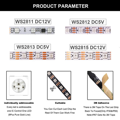 WS2812B WS2811 WS2815 WS2813 RGBIC LED Strip WS2812 30/60/144Pixels/Leds/m Individually Addressable Smart Tape Light DC5V/12V