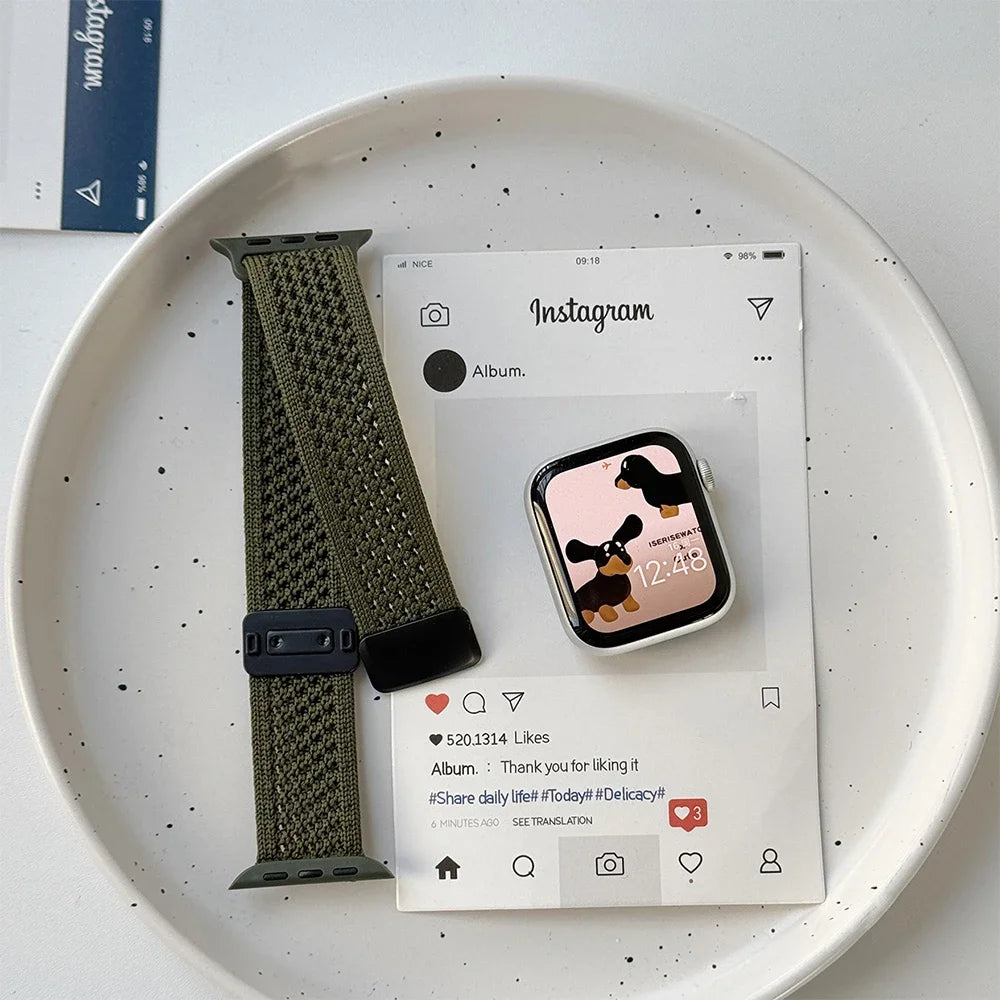 Nylon Magnetic Band for Apple Watch 45mm 41mm 44 40mm Series 10 46mm 42mm Soft Bracelet for IWatch Ultra 49mm 9 7 8 6 5 4 Strap