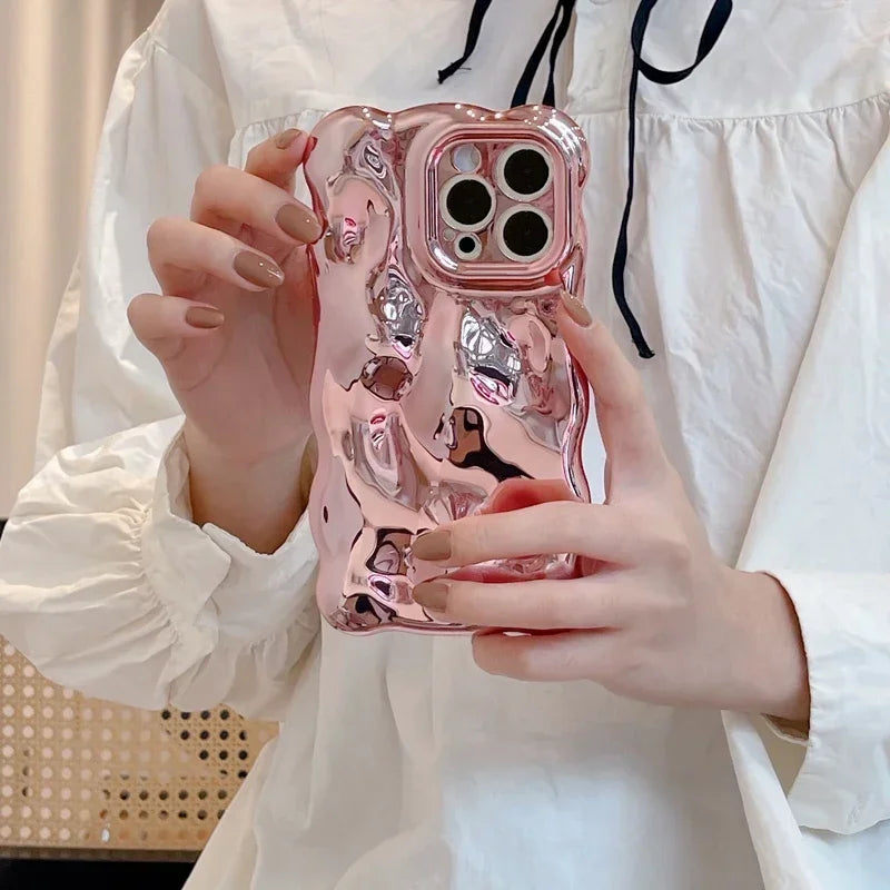 Luxury Plating Wrinkle Wavy Curly Edge Phone Case For iPhone 16 15 12 13 14 Pro Max 3D Unevenness Soft Camera Protection Cover