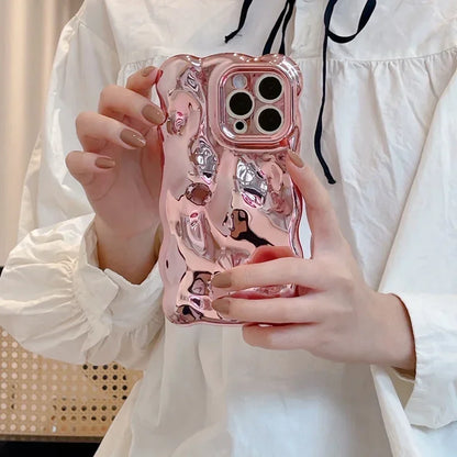 Luxury Plating Wrinkle Wavy Curly Edge Phone Case For iPhone 16 15 12 13 14 Pro Max 3D Unevenness Soft Camera Protection Cover