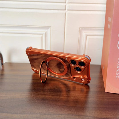 Walnut Wood Metal Aluminum Phone Case For iPhone 17 Pro 17 Pro Max Magnetic Bracket Shockproof Drop-proof Protection Cover