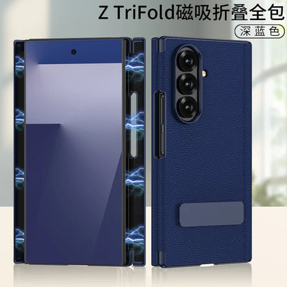 For Samsung Z Tri-Fold Phone Case TRIFOLD Dual Hinge Magnetic + Rotating Stand Z TRI-FOLD Leather Full Coverage Protection Cover