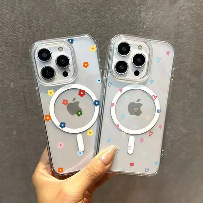 Small Flower Heart Graphic Magsafe Wireless Charger Phone Case For iPhone 16 15 14 13 12 11 16E Pro Max 7 8 Plus XS XR X Cover