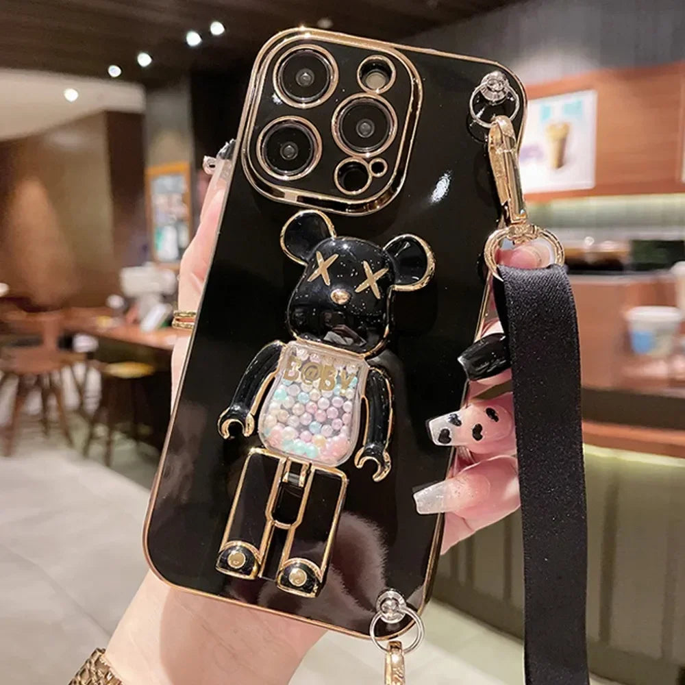 Plating Cover Quicksand Bear Stand Bracelet Strap Lanyard Phone Case For iPhone 15 14 13 12 11 Pro Max 7 8 Plus Phone Case